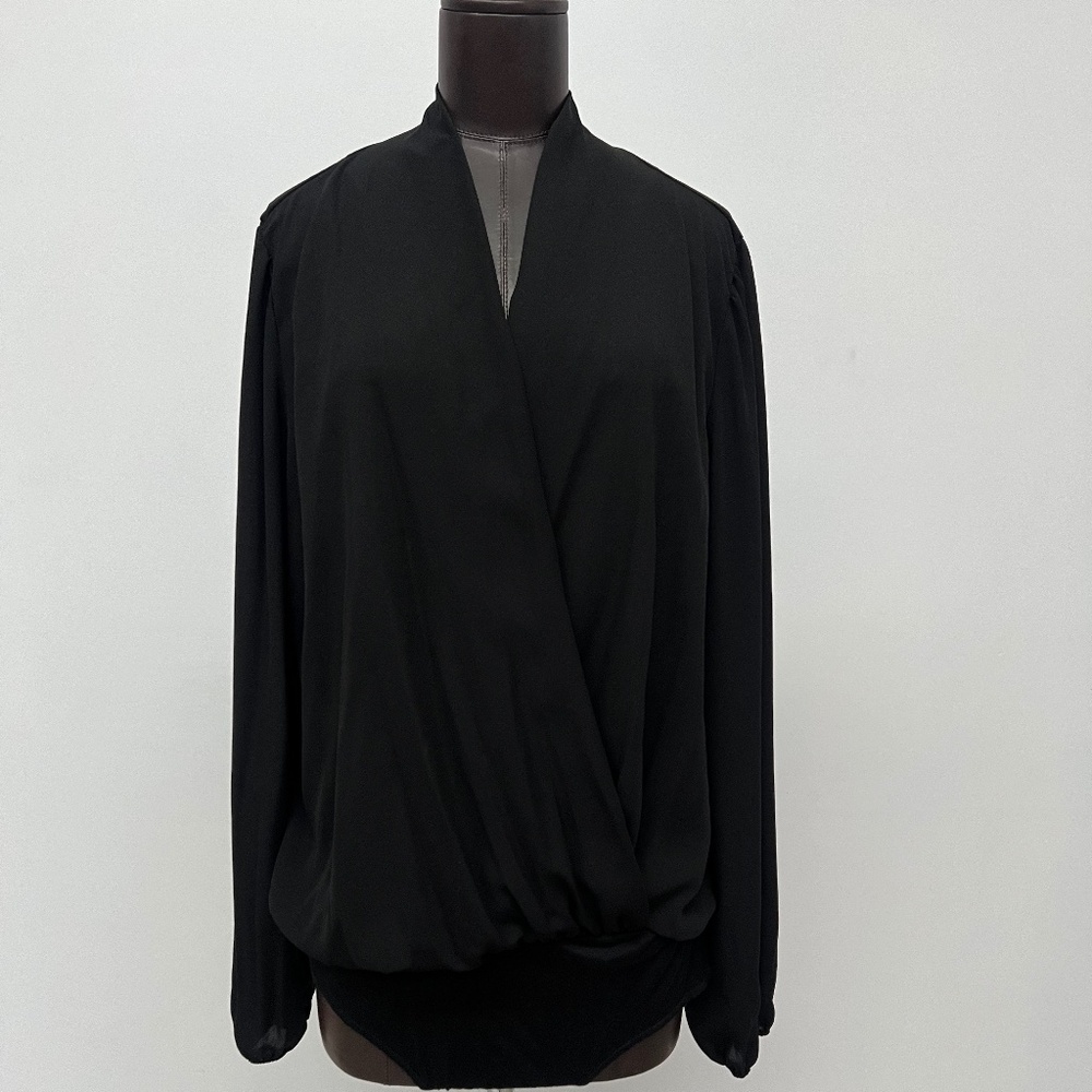 Black Surplice Long Sleeve Bodysuit Top | Chic Evening Blouse